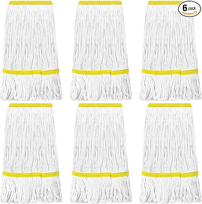 Eccliy 6 Pack Mop Heads Replacement Commercial Industrial Mop Heads Heavy Loop End Cotton String Heavy Duty Refills Wet Washable Refills for Home General Floor Cleaning (White,Yellow)