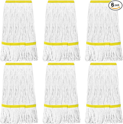 Eccliy 6 Pack Mop Heads Replacement Commercial Industrial Mop Heads Heavy Loop End Cotton String Heavy Duty Refills Wet Washable Refills for Home General Floor Cleaning (White,Yellow)