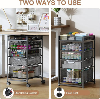 Rolling Utility Cart with 4 Drawers, Craft Organizer and Storage Carts with DIY Divider, Lockable Wheels Storage Organizer for Art Supplies, Store for Brushes & Paints & Small Parts(Patent Pending)