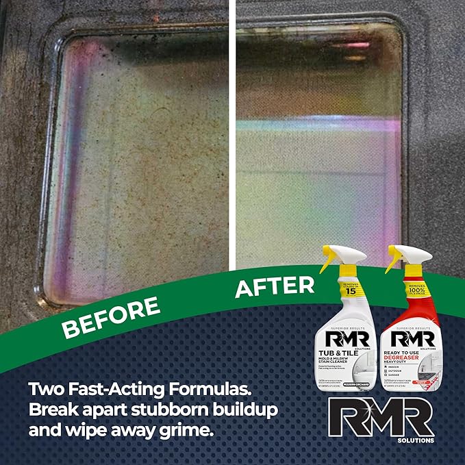 RMR Grime To Shine System – Tub & Tile Stain Remover + Ready to Use Degreaser, 2-Step Bathroom and Surface Cleaning Bundle for Tile, Grout, Shower, Counters, Floors and More, 2–32 Oz Bottles