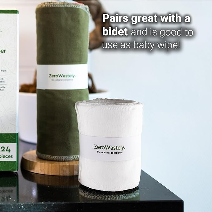ZeroWastely 24 Reusable Toilet Paper Washable Roll - Bidet Towels Washable Toilet Paper - Cut Back & Waste Less with our Colored Super Soft, Absorbent & Re-Rollable Cloth Wipes - White Edition