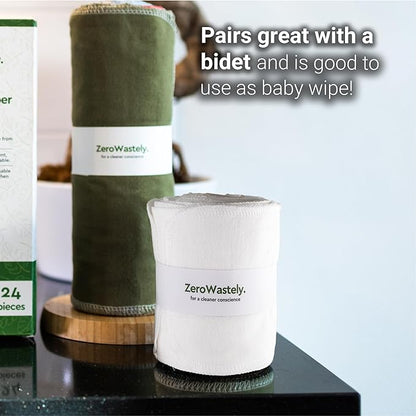 ZeroWastely 24 Reusable Toilet Paper Washable Roll - Bidet Towels Washable Toilet Paper - Cut Back & Waste Less with our Colored Super Soft, Absorbent & Re-Rollable Cloth Wipes - White Edition