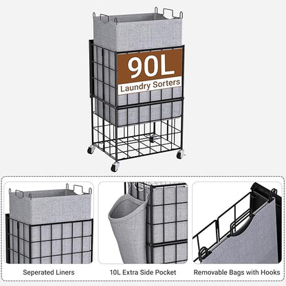 90L Laundry Basket with Wheels, Large Capacity Laundry Hamper with Removable Liner Bags, Heavy Duty Laundry Sorter with Solid Wood Lid & Leather Handles, Grey