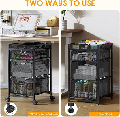 Rolling Utility Cart with 3 Drawers, Craft Organizer and Storage with DIY Divider, Lockable Wheels, Multi-Functional Storage for Art Supplies, Store for Brushes & Paints & Small Parts(Patent Pending)