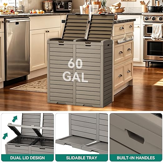YITAHOME Outdoor Resin-Based Dual Compartment Trash Bins, 76 Gallon Capacity, Easy-to-Clean Hideaway Garbage Cans with Lid and Drip Tray (Light Brown)