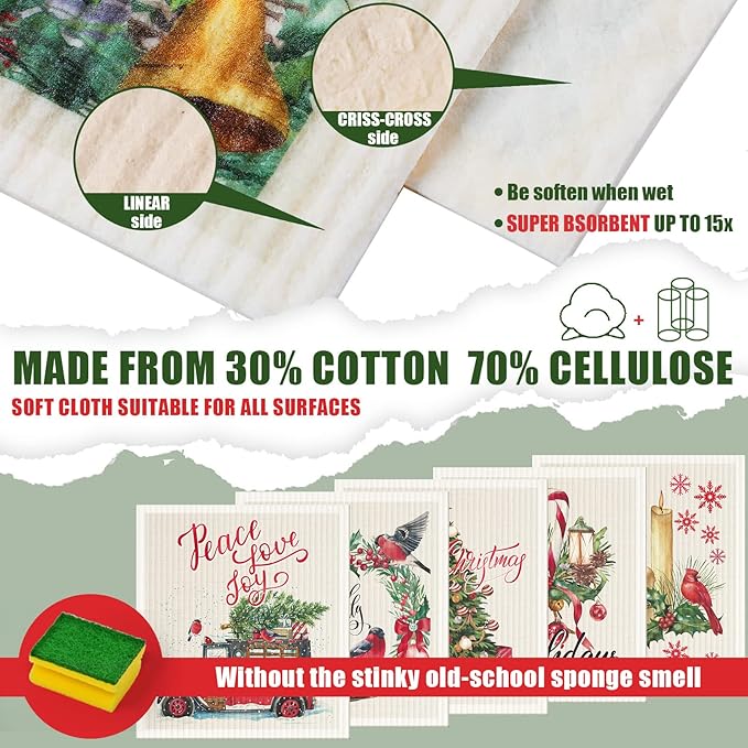 Cunhill 6 Pcs Swedish Kitchen Dish Cloths Kitchen Towels Reusable Sponge Cleaning Cloths Wipes Absorbent Dish Cloth Quick Drying Washable Decorative Tea Towels No Odor Bar Hand Towel (Cardinal Bird)