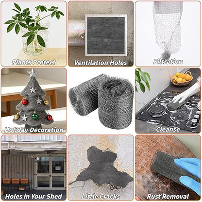 Steel Wool Mice Control, 6 Pack 3.2" x60 FT #000 Steel Wool Roll &1 Pack 5" x30 FT Wire Mesh, Mouse Hole Filler for House Garage Garden, Very Fine Stainless Steel Wool for Wood Metal Polishing