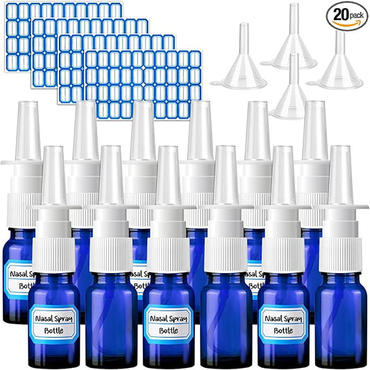 20 Pcs Nasal Spray Bottle, 10ML/0.35OZ 12 Pcs Glass Bule Refillable Empty Nasal Spray Bottles with 4 Funnels and 4 Labels