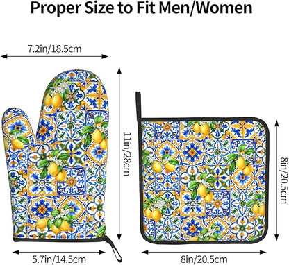 Lemon Oven Mitts - Summer Kitchen Mitts Pot Holders Teal Blue and Yellow Hot Mitts Boho Floral Hot Pads Sets of 2 for Cooking Baking Grilling