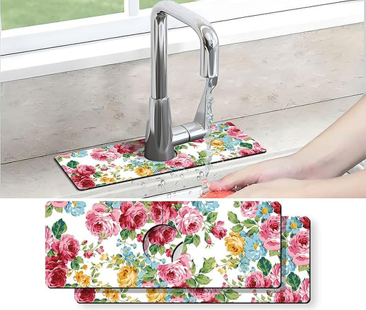 Kitchen Sink Splash Guard Faucet Mat -2 PC Super Absorbent Fast Drying Mat Sink Gadgets-Splash Guard Behind Faucet Drip Catcher for Kitchen, Bathroom,Sink Mat, Dish Drying Mat, Bathroom(15" X 5.5" )