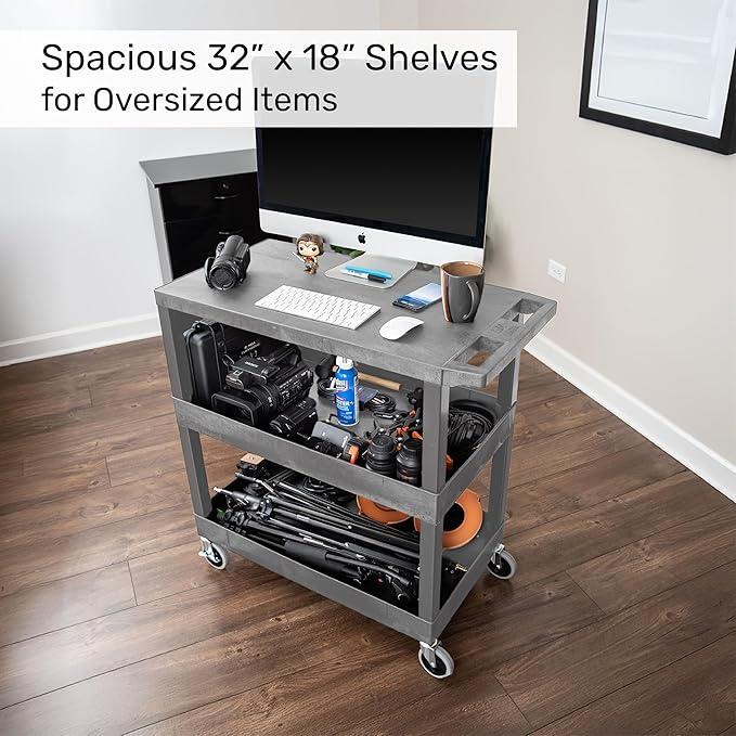 Tubstr 3-Tier Rolling Utility Cart with Wheels | Supports 300 lbs. Total | Heavy-Duty Capacity for Garage Storage, Office Spaces, & Kitchen Use | Durable Tool Cart with Locking Wheels (Gray, 32 x 18)