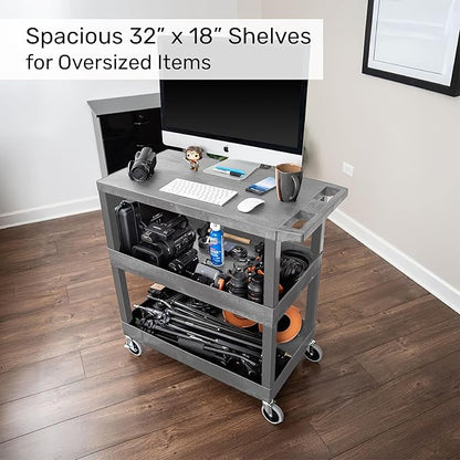 Tubstr 3-Tier Rolling Utility Cart with Wheels | Supports 300 lbs. Total | Heavy-Duty Capacity for Garage Storage, Office Spaces, & Kitchen Use | Durable Tool Cart with Locking Wheels (Gray, 32 x 18)