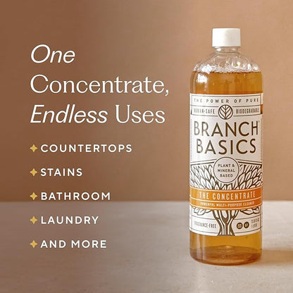 Branch Basics Cleaning Essentials Kit: All Purpose, Glass and Bathroom Cleaner - Concentrate (33.8 Oz) (24 Refills) + Refillable Glass Spray Bottles (16 Oz) Plant Based, Human-Safe, & Fragrance Free