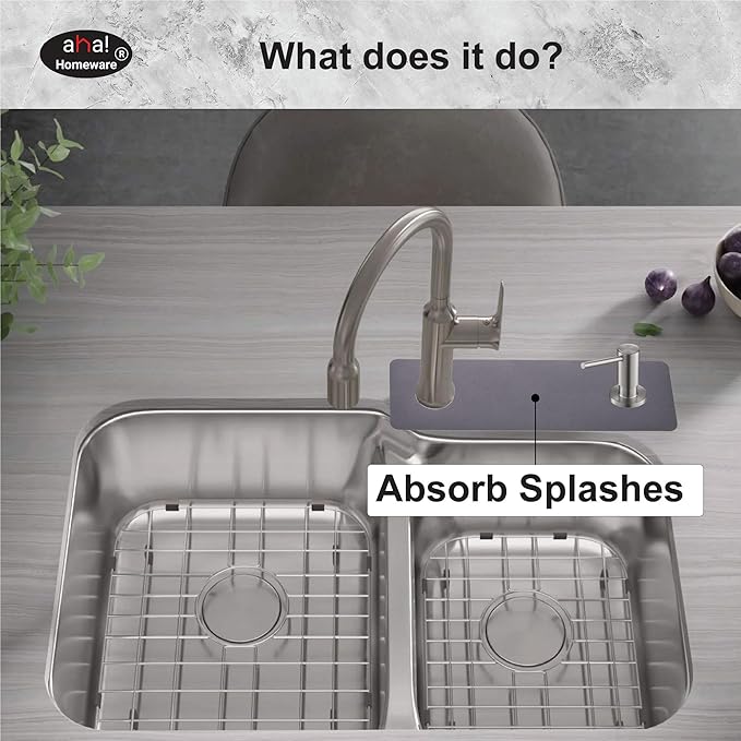 Faucet Mat for Kitchen Sink Offset : AHA HOMEWARE Kitchen Sink Splash Guard for Offset Double Sink, Cuttable Extra Hole for Soap Dispenser, Diatomite Leather Absorbent Fast Drying (Dark Gray)