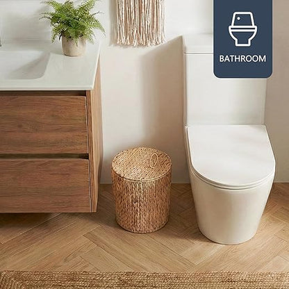 Coeusy 4 Gallon Wicker Trash Can with Lid, Small Bathroom Trash Can, Water Hyacinth Woven Waste Basket, Rattan Boho Decorative Garbage Can with Removable Liner for Bedroom, Home Office (Round,Natural)