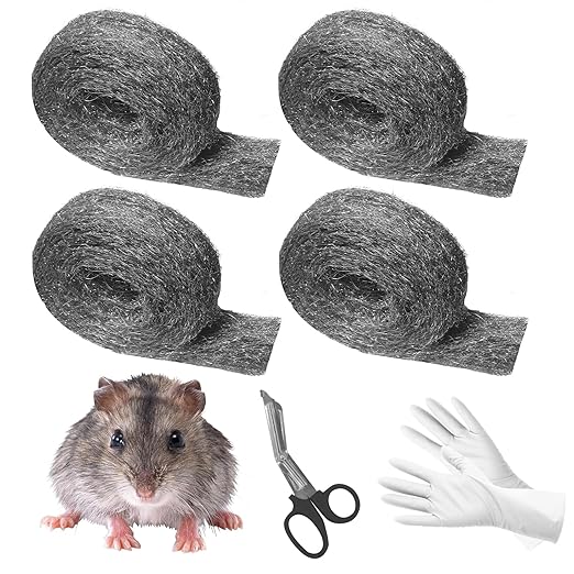 Steel Wool for Mice Control, 4 Pack of 16.5ft*3.1" Thick 0000 Steel Wool for Mouse Hole Filler Gap Blocker for House Wall Cracks Fence, Holes, Vents in Garden/Garage/House(65ft)
