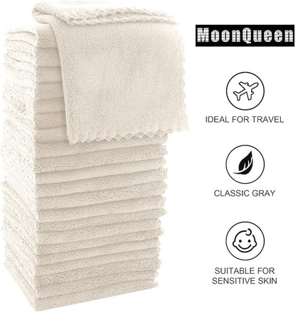 MOONQUEEN Ultra Soft Premium Washcloths Set - 12 x 12 inches - 24 Pack - Quick Drying - Highly Absorbent Coral Velvet Bathroom Wash Clothes - Use as Bath, Spa, Facial, Fingertip Towel (Cream)