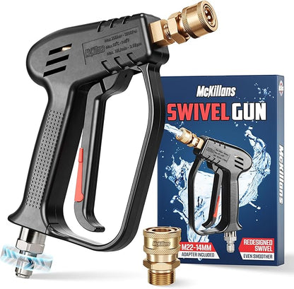 McKillans® 2026 Short Pressure Washer Gun with Upgraded Swivel - M22-14mm to 3/8 Quick Connect Included - High Pressure Water Handle - Power Washer Gun Compatible with Foam Cannon, Car Wash Gun