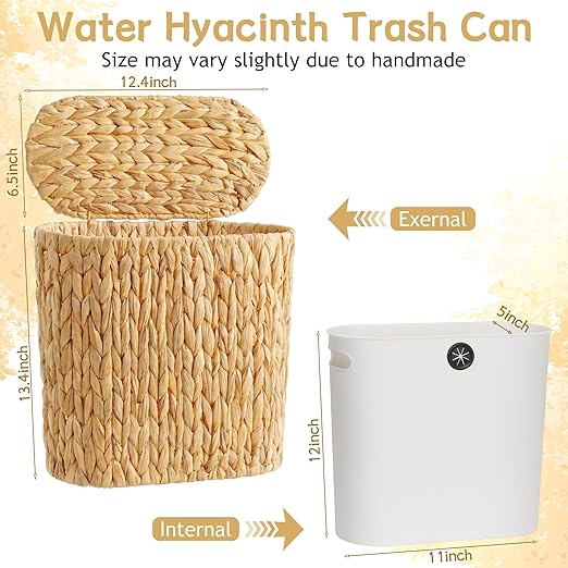 iEGrow 3 Gallon Wicker Trash Can, Bathroom Trash Can with Lid, Narrow Natural Water Hyacinth Waste Basket with Removable Liner, Boho Garbage Can for Bedroom, Office, Small Spaces Living Room, Toilet