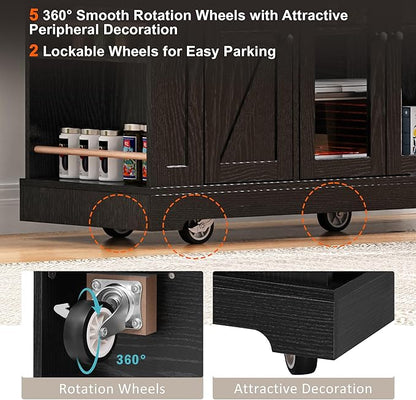 53" Farmhouse Kitchen Island with 2 Tempered Glass Cabinet Doors, Power Outlet, Rolling Kitchen Cart on Wheels with Drop Leaf, 5 Open Side Racks, 3 Drawers, for Kitchen, Black