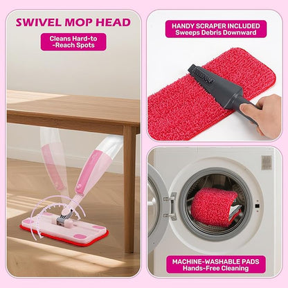 Dreamon Kids Spray Mop - Real Working Toddler Cleaning Set with Water Sprayer & 3 Washable Mop Pads & Scraper, Pretend Play Montessori Housekeeping Toys Gifts for Toddlers Kids Girls Boys(Pink)