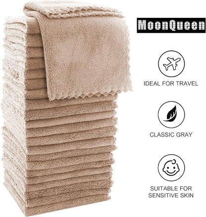 MOONQUEEN Ultra Soft Premium Washcloths Set - 12 x 12 inches - 24 Pack - Quick Drying - Highly Absorbent Coral Velvet Bathroom Wash Clothes - Use as Bath, Spa, Facial, Fingertip Towel (Brown)