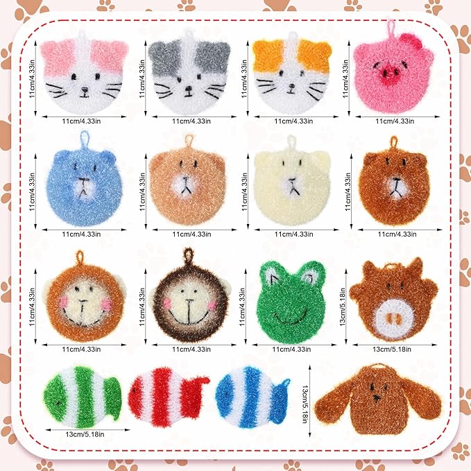 Mifoci 16 Pcs Animal Dish Scrubber Non Scratch Scrubbies for Dishes Double Layered Dish Washing Sponge Reusable Kitchen Scrubbers for Dishwashing, Cleaning Dishes, Cookware Tubs Sinks Bathroom