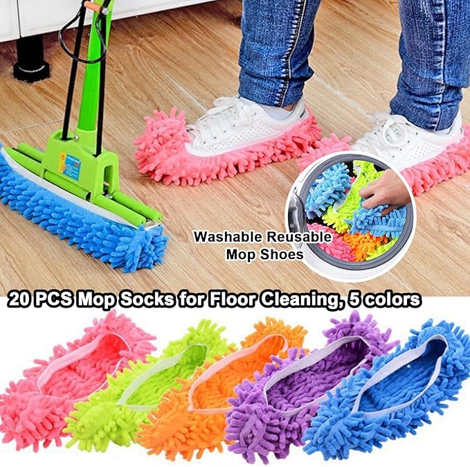 20 PCS Mop Slippers,10 Pairs Mop Socks for Floor Cleaning,Washable Reusable Microfiber Mop Shoes,Mopping Slippers Shoes Cover,Soft Dusting Slippers for Women Men House Office Bathroom Kitchen