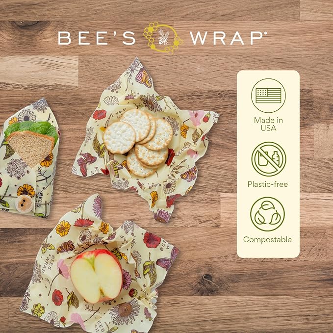Bee's Wrap Beeswax Wraps for Food - 3 Pack of Assorted Beeswax Wraps - Small, Medium & Large Wrap - Plastic Free Made in USA Reusable Natural Food Wrap - Meadow Magic Print