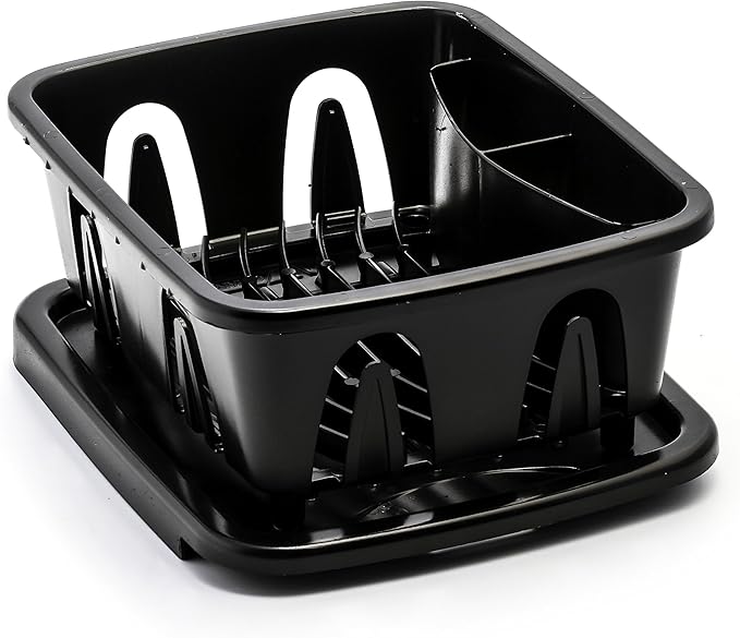 Camco RV Mini Dish Drainer & Tray - Features a Sloped Drain Tray Design, Heavy-Duty Construction - Ideal for Small Spaces, Apartments, Boats, and More -9.5"L x 11.7"W x 4.75"H - Black (43512)