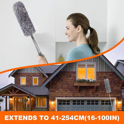 Telescopic Dusters for Cleaning | Duster with 100"Extension Pole | Flexible Cobweb Remover Duster Kit with 2 Washable Heads | Bendable Feather Duster for High Ceilings,Fans & Hard-to-Reach Areas,5PCS
