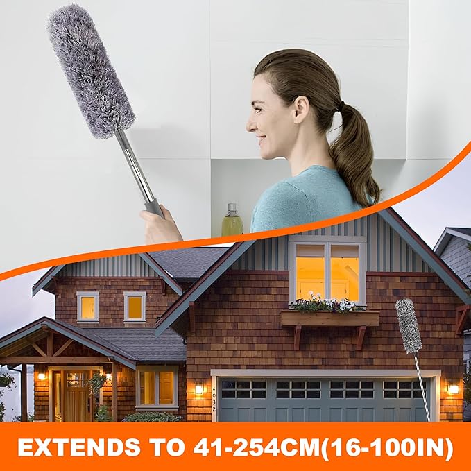 Professional Microfibre Dusters for Cleaning | Duster with Extension 100" | Cobweb Remover Duster Kit with 4 Washable Heads | Bendable Feather Duster for High Ceilings,Fans & Hard to Reach Area | 9PCS