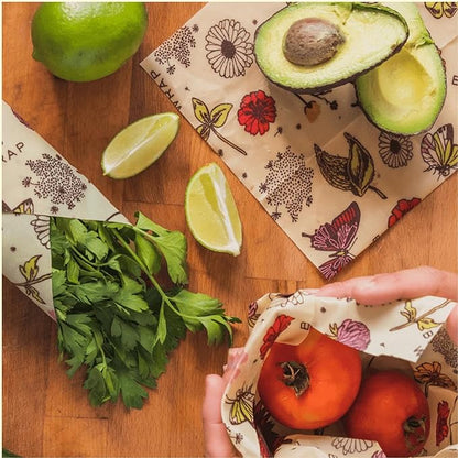 Bee's Wrap Beeswax Wraps for Food - Pack of 5 Assorted Wraps - 3 Medium & 2 Large Food Storage Bags - Meadow Magic & Honeycomb - Plastic Free Made in USA Reusable Kitchen Storage Bags