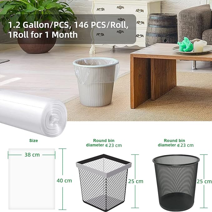 Waikas Small Trash Bags 1.2 Gallon,145 Counts, 38 * 40cm, 2.3g/pcs, Unsented, White