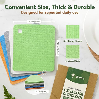 AIRNEX 5 Pack Cellulose Swedish Dishcloths for Kitchen - Eco-Concious Reusable Dish Towels & Cloths - Super Absorbent, Odor Resistant and Fast Drying Wash Cloths for Dishes & Surfaces