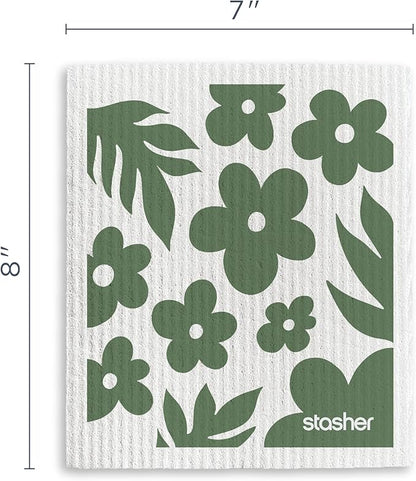 Stasher Swedish Dishcloths for Kitchen, 3-Pack Reusable Dish Cloths, Super Absorbent, Soft, Washable, Biodegradable, Paper Towel Alternative, Quick Drying, Dishwasher Safe, Floral Print, 7" x 8"