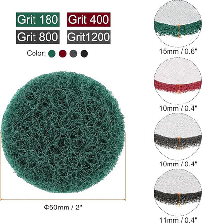 HARFINGTON 4pcs Scrubber Scouring Pads 180 400 800 1200 Grits 2 Inch Drill Power Brush Hoop and Loop Surface Conditioning Disc Drill Scuffing Disc Scrub Pads for Kitchen Cleaning, 4 Colors