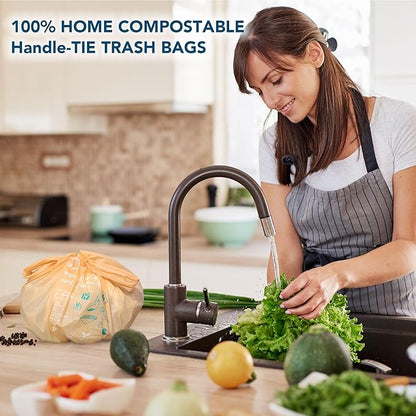 1.6 Gallon Compostable Handle Tie Garbage Bags, Small Trash Bags for Countertop Bin, Extra Thick 0.63 Mils, Certified US BPI ASTM D6400, 6 Liter, 100 Count