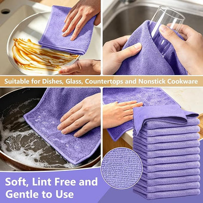 Kitchen Dish Cloths, 12 Pack, 10 x 10 Inches, Coral Velvet Kitchen Towels, Soft Lint Free Reusable Dish Cloths for Dishes, Tables and Household Cleaning, Purple
