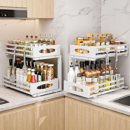 Under Sink Organizer, 2 Tier Under Sink Organizers and Storage, Adjustable Height, Slide out Metal Cabinet Organizers, Pull out Cabinet Storage Drawer Shelf for Kitchen Bathroom (White, 2 Pack)