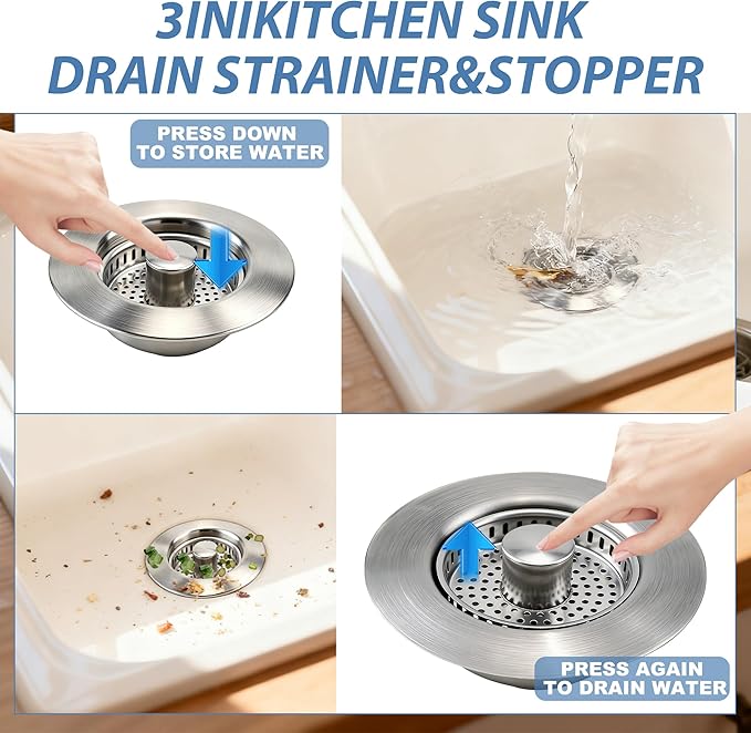 Kitchen Sink Drain Strainer,Stainless Steel 3-in-1 Pop-up Sink Stopper with Sealing Ring, Anti-Clog & Odor-Proof Drain Filter, Fits 3-1/2 Inch Sink Drain Holes, Easy Installation-2pc