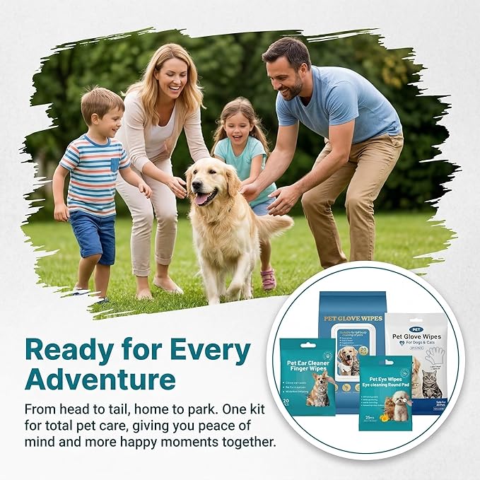 Pet Grooming Wipes Kit for Dogs & Cats – 71 Count No-Rinse Complete Set: Bathing Gloves, Travel Wipes, Tear Stain Wipes & Ear Cleaning Finger Wipes | Hypoallergenic & Vitamin E