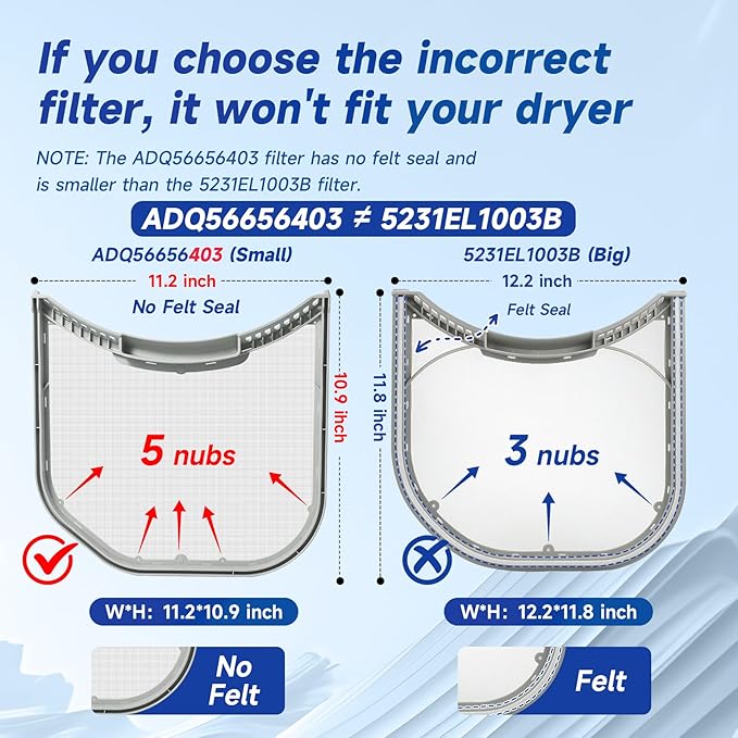 ADQ56656403 Dryer Lint Filter Screen Replacement for LG WashTower & Dryers | Compatible with DLEX4000W DLGX4001W DLGX4201B DLGX4201W | 11.2" × 10.9" Lint Trap | Replaces 4960837 AP7012980 PS16546780