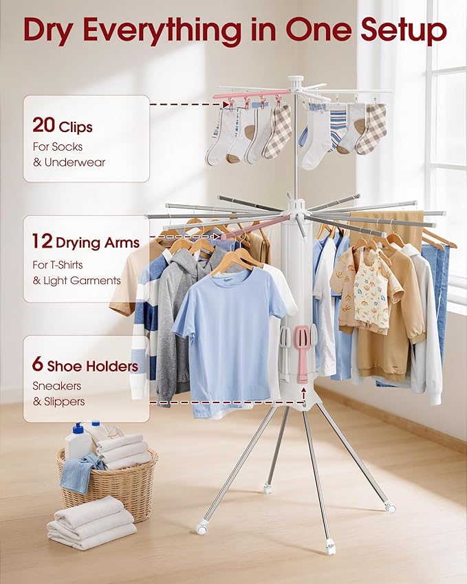 Sakugi Foldable Clothes Drying Rack – Collapsible Laundry Rack with 12 Steel Arms, 4-Leg Stable Base, Reinforced Frame with Clips & Shoe Holders for Indoor Outdoor Use, 44" D x 44" W x 71" H, White