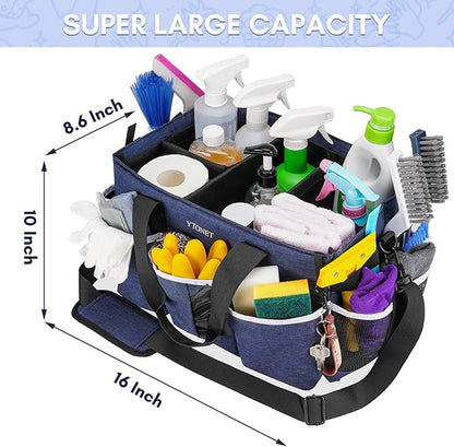 Ytonet Extra Large Cleaning Caddy Bag with 4 Foldable Dividers, Wearable Cleaning Caddy Organizer with Handle & Shoulder Strap & Waist Strap, Housekeeping Tote for Cleaners, Blue