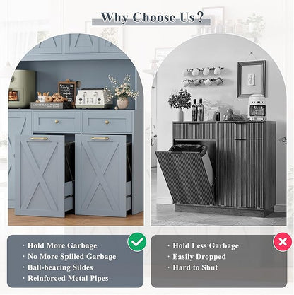 HOSTACK 12.5 Gallon Kitchen Trash Cabinet, 47" Double Trash Can Cabinet, Large Pull Out Can Storage Drawers, Wood Farmhouse Hidden Garbage Storage Buffet for Kitchen, Dining Room, Blue
