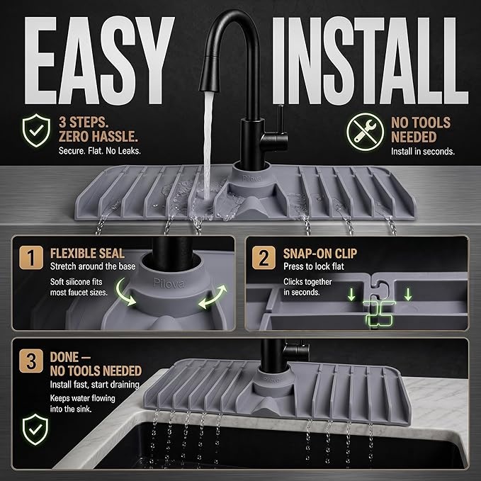 Premium Kitchen Sink Splash Guard – 16" x 5.7" Silicone Faucet Mat with Secure Pressure Clip, True 10° 3D Drainage(No Pooling), Anti-Lift Design, Flexible Leak-Sealing Ring, Non-Slip Fit Behind Faucet
