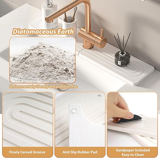 Kitchen Sink Faucet Mat, Diatomaceous Earth Quick Dry Sink Splashback Drying Mat, Kitchen Faucet Super Absorbent Mat, Quick-Drying Water Absorbing Stone Tray (White, 23.6" x 3.9")