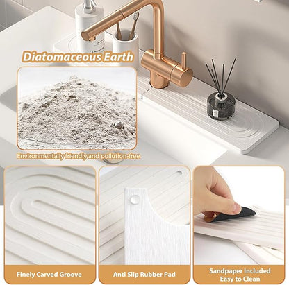 Kitchen Sink Faucet Mat, Diatomaceous Earth Quick Dry Sink Splashback Drying Mat, Kitchen Faucet Super Absorbent Mat, Quick-Drying Water Absorbing Stone Tray (White, 23.6" x 3.9")