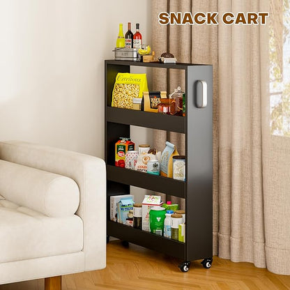 Slim Storage Cart, Lightweight 4 Tier Metal Rolling Utility Kitchen Cart on Wheels, Mobile Storage Shelving Unit Organizer for Bathroom Laundry Office Narrow Places (4 Tier-Black, 6" D)